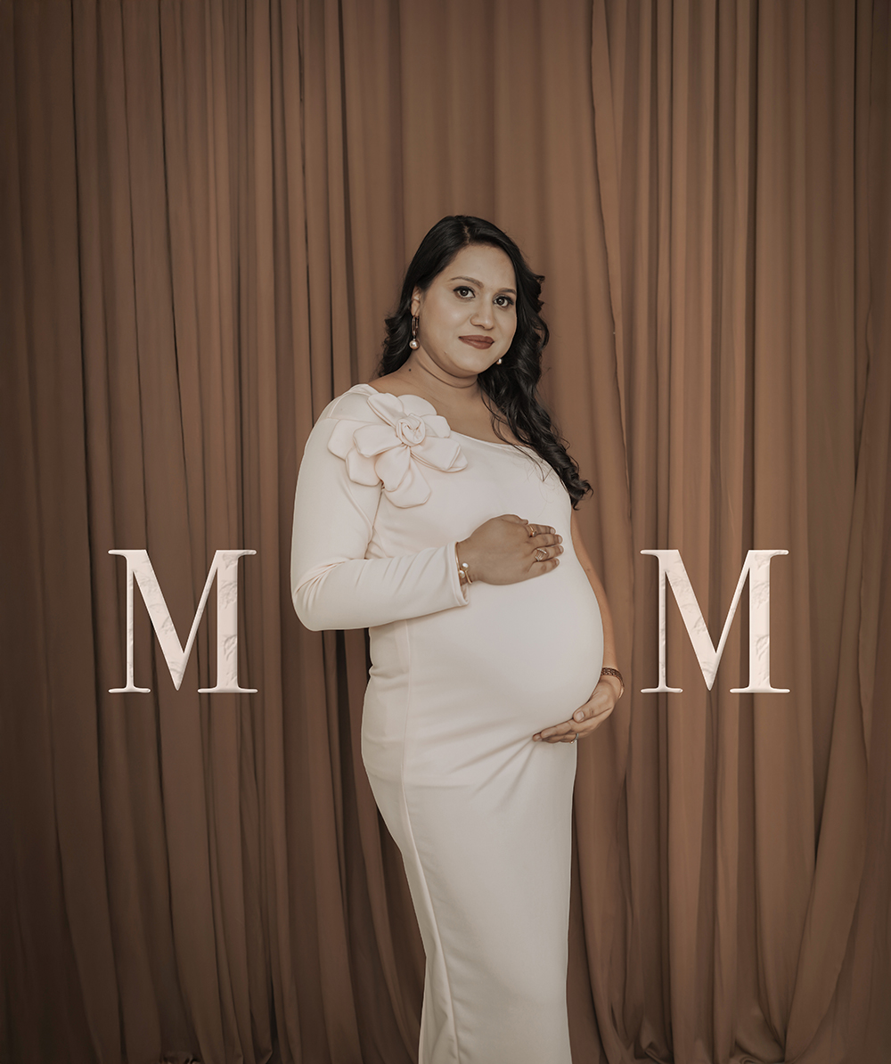 Styled maternity portrait with mom lettering